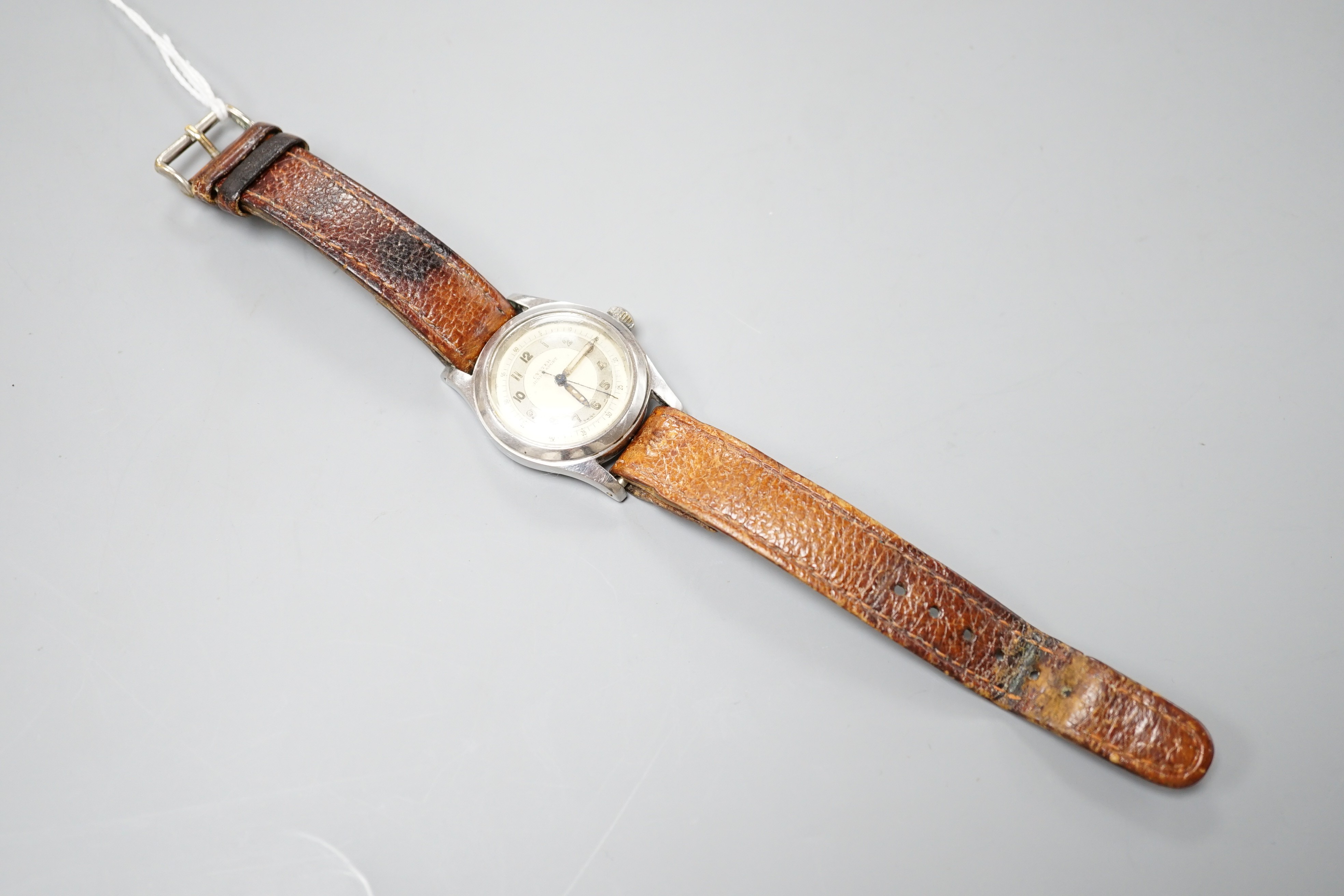 A stainless steel Tudor Oyster Junior Sport manual wind wrist watch, with Arabic dial, on associated leather strap, case diameter 32mm, case back numbered 178194.